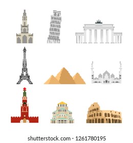 Landmark set pixel art. Collection attraction 8 bit. World showplace Pixelate 16bit. Old game computer graphics style. Eiffel Tower, and Moscow Kremlin. Egyptian pyramids and Roman Colosseum.  