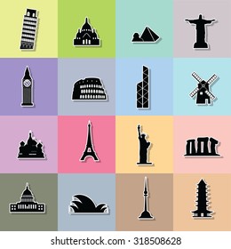 Landmark Silhouette icons on the colored squares. In vector style.