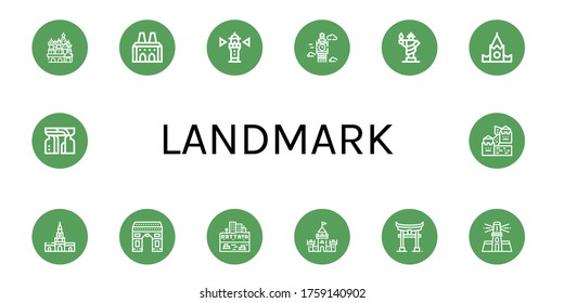 landmark simple icons set. Contains such icons as Cathedral of saint basil, National palace of sintra, Lighthouse, Big ben, Statue of liberty, can be used for web, mobile and logo