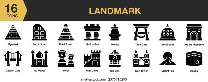 Landmark solid icon set. Includes landmark, architecture, cityscape, city, building, and More. Solid icons vector collection.