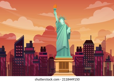 Wahrzeichen Freiheitsstatue von New York City, berühmte Gebäudelandschaft und die Freiheitsstatue in UAS, Design der Sehenswürdigkeiten Postkarte oder Reiseplakat, Vektorgrafik.