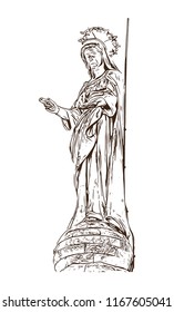 Landmark statue of The Palais des Papes is a historical palace located in Avignon, southern France. Hand drawn sketch illustration in vector.