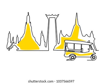 Landmark, Tourist attractions in Thailand, contour drawing and sketch, vector illustration and simple design.