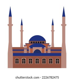 Landmark of Turkey flat vector illustration. Mosque for Muslims in Istanbul, Turkish temple and minaret isolated on white background. Traveling, culture concept