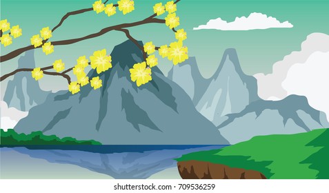 Landmark vector yellows flower on the tree and backgrounds mountain have shadow on the river. and front have green grass.