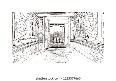 Landmark view of Bhutan, a Buddhist kingdom on the Himalayas’ eastern edge, is known for its monasteries. Hand drawn sketch illustration in vector.