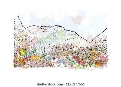 Landmark view of Bhutan, a Buddhist kingdom on the Himalayas’ eastern edge, is known for its monasteries. Watercolor splash with Hand drawn sketch illustration in vector.