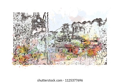 Landmark view of Bhutan, a Buddhist kingdom on the Himalayas’ eastern edge, is known for its monasteries. Watercolor splash with Hand drawn sketch illustration in vector.