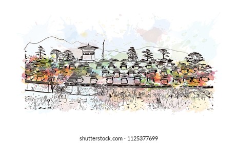 Landmark view of Bhutan, a Buddhist kingdom on the Himalayas’ eastern edge, is known for its monasteries. Watercolor splash with Hand drawn sketch illustration in vector.