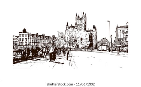 Landmark view with building of Bath is a town set in the rolling countryside of southwest England, Hand drawn sketch illustration in vector.
