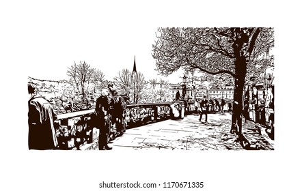Landmark view with building of Bath is a town set in the rolling countryside of southwest England, Hand drawn sketch illustration in vector.