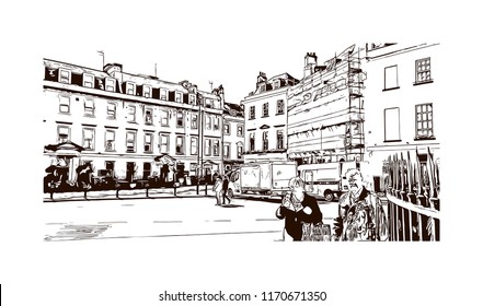 Landmark view with building of Bath is a town set in the rolling countryside of southwest England, Hand drawn sketch illustration in vector.