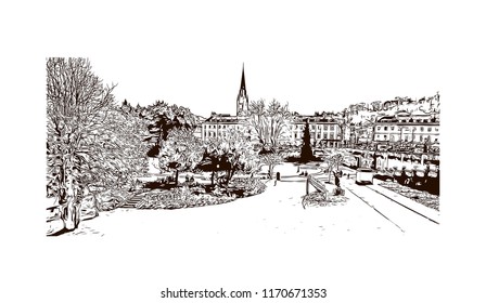 Landmark view with building of Bath is a town set in the rolling countryside of southwest England, Hand drawn sketch illustration in vector.