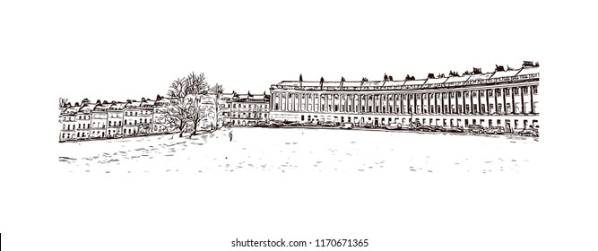 Landmark view with building of Bath is a town set in the rolling countryside of southwest England, Hand drawn sketch illustration in vector.