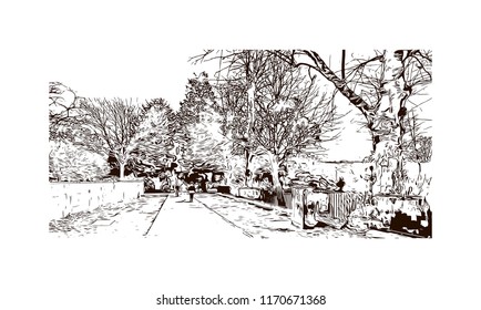 Landmark view with building of Bath is a town set in the rolling countryside of southwest England, Hand drawn sketch illustration in vector.