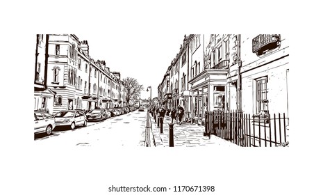 Landmark view with building of Bath is a town set in the rolling countryside of southwest England, Hand drawn sketch illustration in vector.