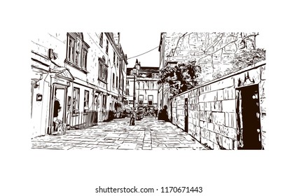 Landmark view with building of Bath is a town set in the rolling countryside of southwest England, Hand drawn sketch illustration in vector.