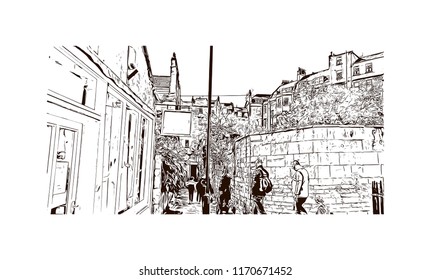 Landmark view with building of Bath is a town set in the rolling countryside of southwest England, Hand drawn sketch illustration in vector.