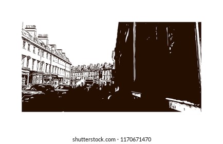 Landmark view with building of Bath is a town set in the rolling countryside of southwest England, Hand drawn sketch illustration in vector.