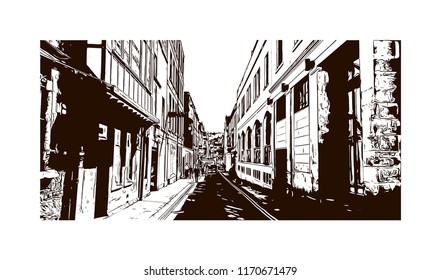 Landmark view with building of Bath is a town set in the rolling countryside of southwest England, Hand drawn sketch illustration in vector.