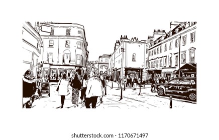 Landmark view with building of Bath is a town set in the rolling countryside of southwest England, Hand drawn sketch illustration in vector.