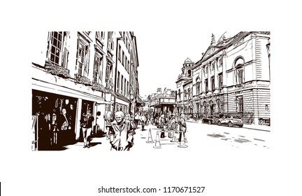 Landmark view with building of Bath is a town set in the rolling countryside of southwest England, Hand drawn sketch illustration in vector.