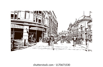 Landmark view with building of Bath is a town set in the rolling countryside of southwest England, Hand drawn sketch illustration in vector.