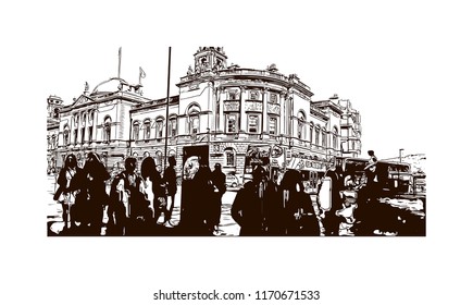 Landmark view with building of Bath is a town set in the rolling countryside of southwest England, Hand drawn sketch illustration in vector.