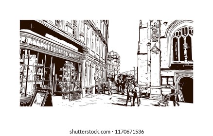 Landmark view with building of Bath is a town set in the rolling countryside of southwest England, Hand drawn sketch illustration in vector.