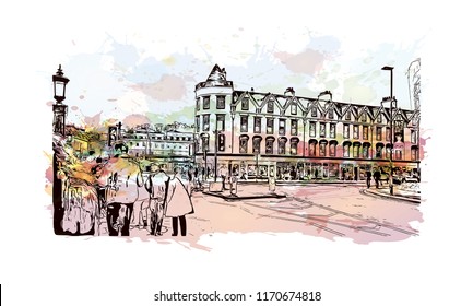 Landmark view with building of Bath is a town set in the rolling countryside of southwest England, Watercolor splash with Hand drawn sketch illustration in vector.