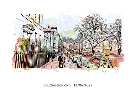 Landmark view with building of Bath is a town set in the rolling countryside of southwest England, Watercolor splash with Hand drawn sketch illustration in vector.
