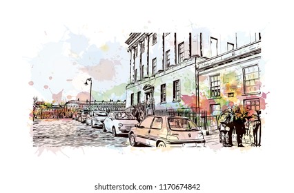 Landmark view with building of Bath is a town set in the rolling countryside of southwest England, Watercolor splash with Hand drawn sketch illustration in vector.