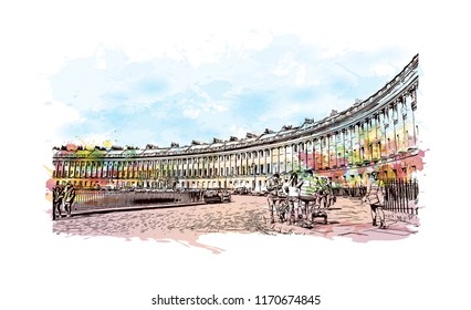 Landmark view with building of Bath is a town set in the rolling countryside of southwest England, Watercolor splash with Hand drawn sketch illustration in vector.