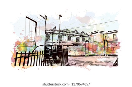 Landmark view with building of Bath is a town set in the rolling countryside of southwest England, Watercolor splash with Hand drawn sketch illustration in vector.