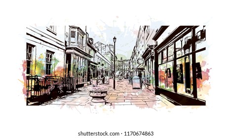 Landmark view with building of Bath is a town set in the rolling countryside of southwest England, Watercolor splash with Hand drawn sketch illustration in vector.