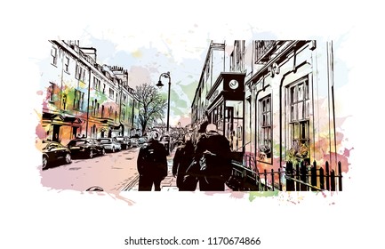 Landmark view with building of Bath is a town set in the rolling countryside of southwest England, Watercolor splash with Hand drawn sketch illustration in vector.