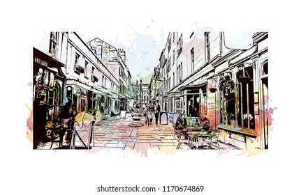 Landmark view with building of Bath is a town set in the rolling countryside of southwest England, Watercolor splash with Hand drawn sketch illustration in vector.