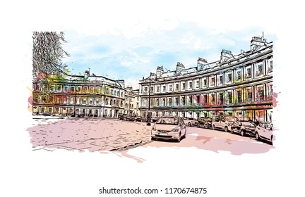 Landmark view with building of Bath is a town set in the rolling countryside of southwest England, Watercolor splash with Hand drawn sketch illustration in vector.