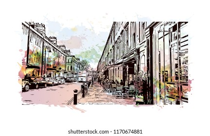 Landmark view with building of Bath is a town set in the rolling countryside of southwest England, Watercolor splash with Hand drawn sketch illustration in vector.