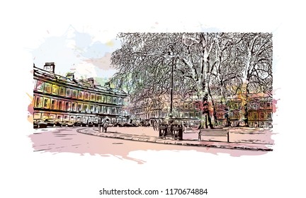 Landmark view with building of Bath is a town set in the rolling countryside of southwest England, Watercolor splash with Hand drawn sketch illustration in vector.