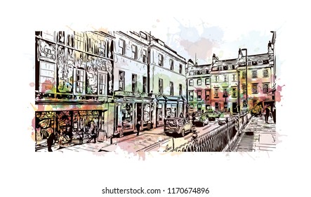 Landmark view with building of Bath is a town set in the rolling countryside of southwest England, Watercolor splash with Hand drawn sketch illustration in vector.