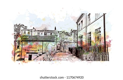 Landmark view with building of Bath is a town set in the rolling countryside of southwest England, Watercolor splash with Hand drawn sketch illustration in vector.