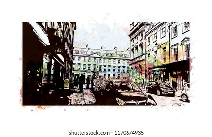 Landmark view with building of Bath is a town set in the rolling countryside of southwest England, Watercolor splash with Hand drawn sketch illustration in vector.
