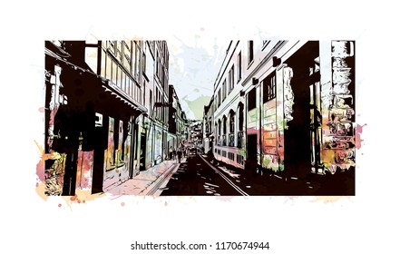 Landmark view with building of Bath is a town set in the rolling countryside of southwest England, Watercolor splash with Hand drawn sketch illustration in vector.
