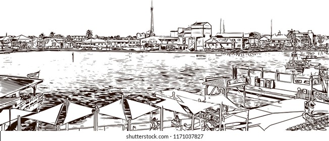 Landmark view with building in Belize City is a port city in the Central American country of Belize. Hand drawn sketch illustration in vector.