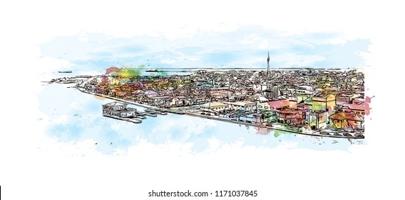 Landmark view with building in Belize City is a port city in the Central American country of Belize. Watercolor splash with Hand drawn sketch illustration in vector.