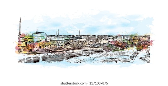 Landmark view with building in Belize City is a port city in the Central American country of Belize. Watercolor splash with Hand drawn sketch illustration in vector.