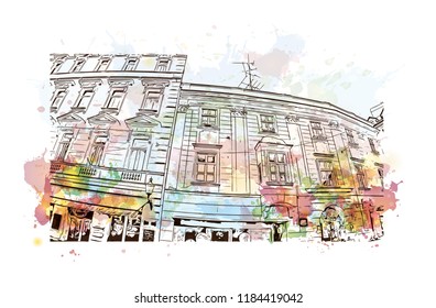Landmark view with building of Bratislava, the capital of Slovakia. Watercolor splash with hand drawn sketch illustration in vector.