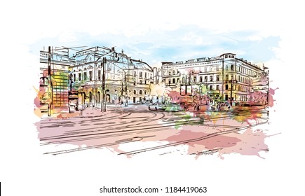 Landmark view with building of Bratislava, the capital of Slovakia. Watercolor splash with hand drawn sketch illustration in vector.