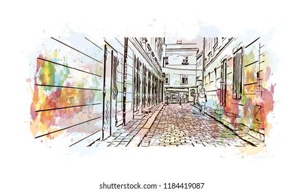 Landmark view with building of Bratislava, the capital of Slovakia. Watercolor splash with hand drawn sketch illustration in vector.